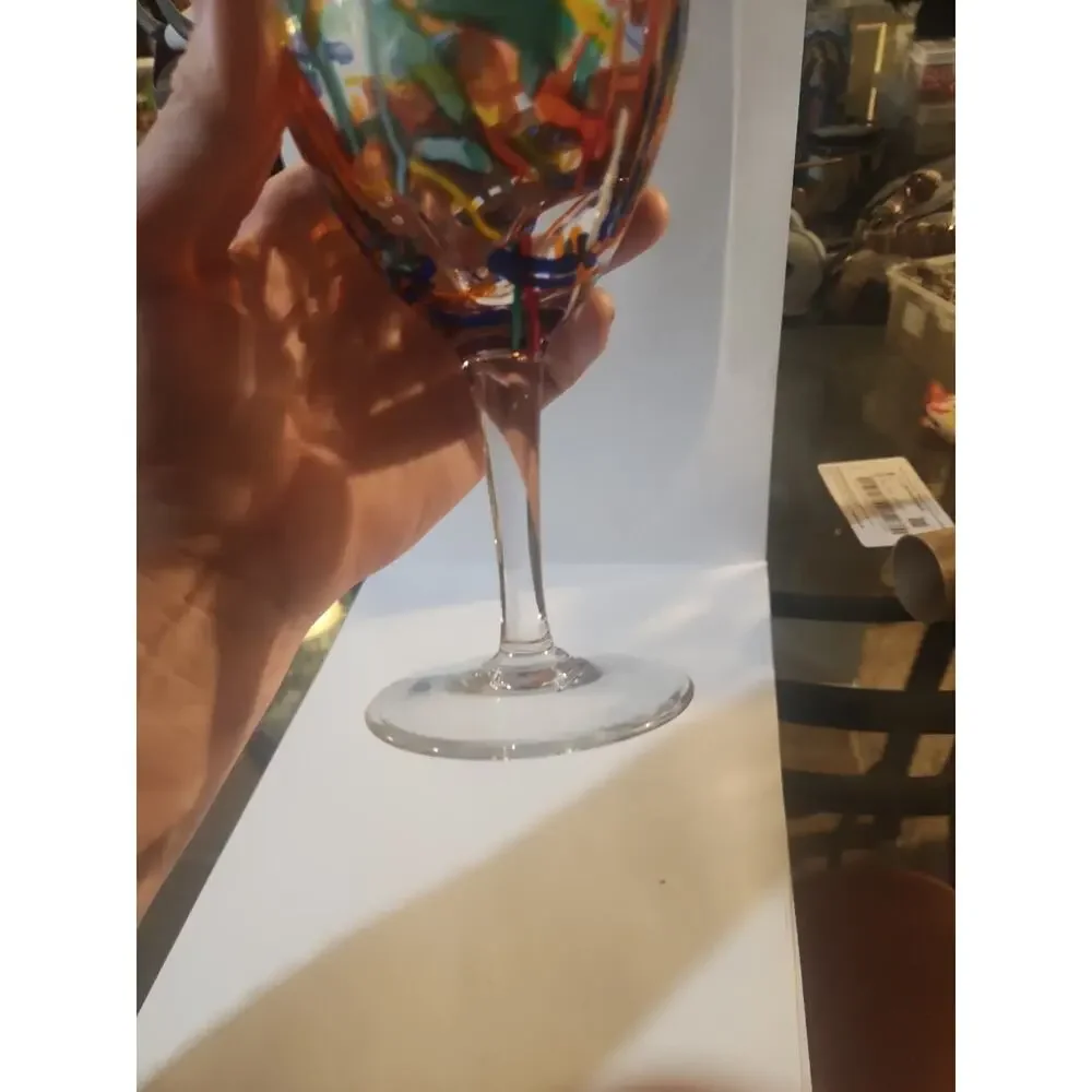 Pier 1 Imports Confetti Wine Goblet Glass Splatter Art - Large 8”